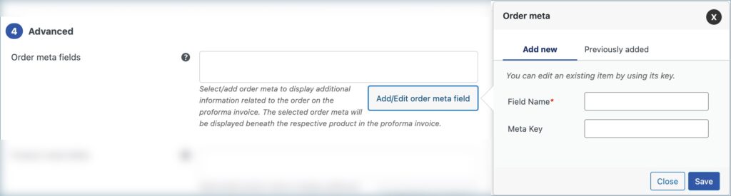 Proforma Invoice Advanced section-Order meta fields