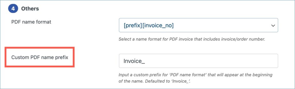 Navigating to the Custom PDF name prefix option