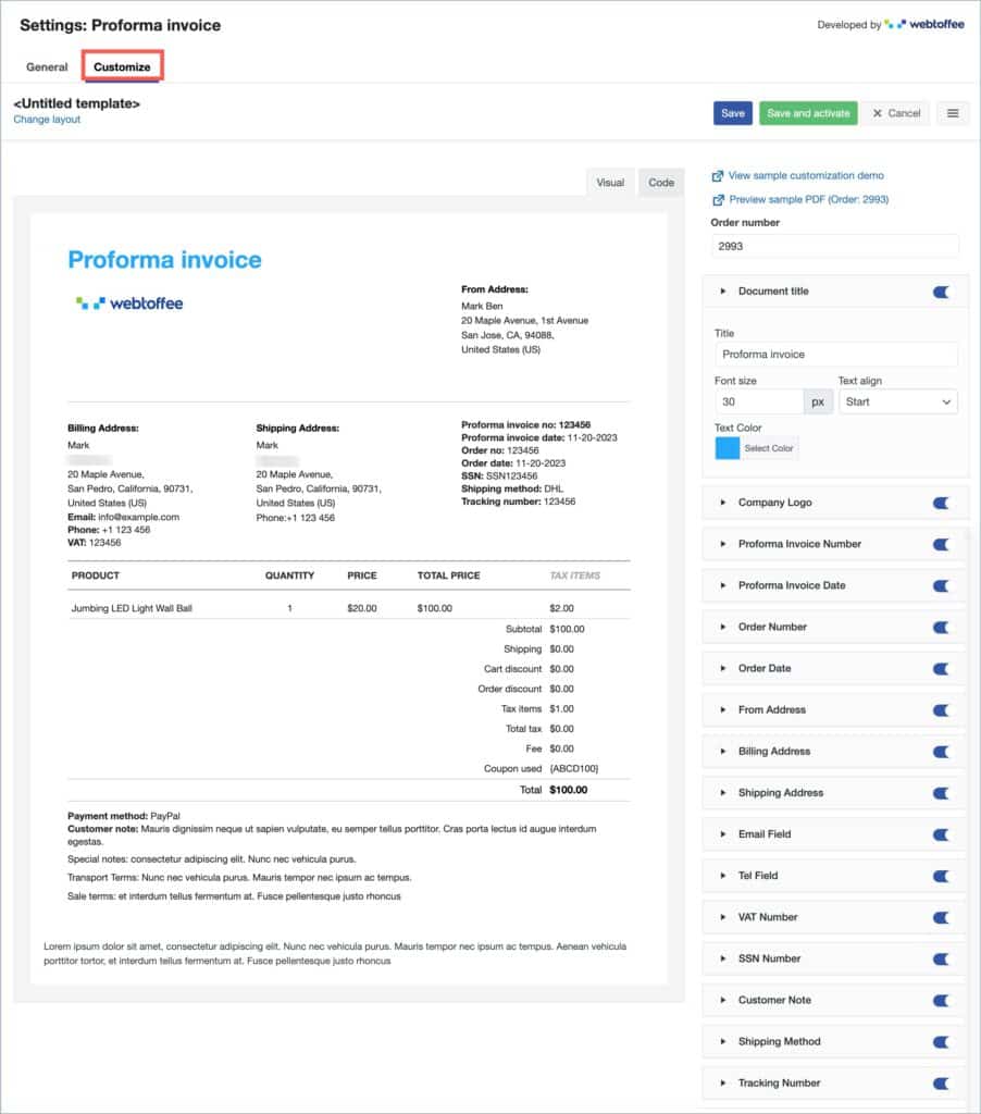 WooCommerce Proforma Invoice - Customize tab
