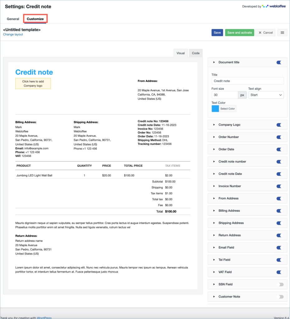 WooCommerce Credit Note Customize tab