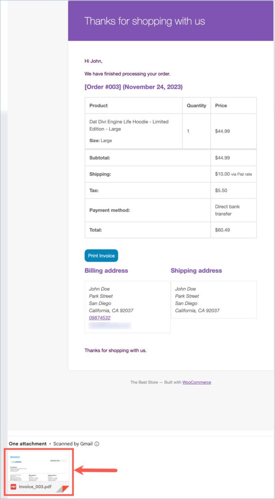 Sample WooCommerce customer order email with an invoice attached 