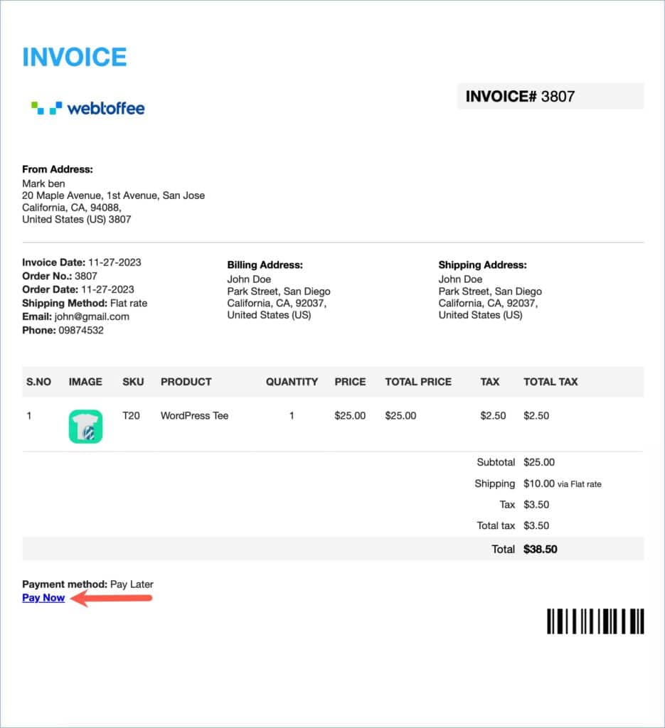 WooCommerce Invoice with Pay Now option