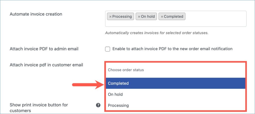 Choosing order status to attach invoice pdf