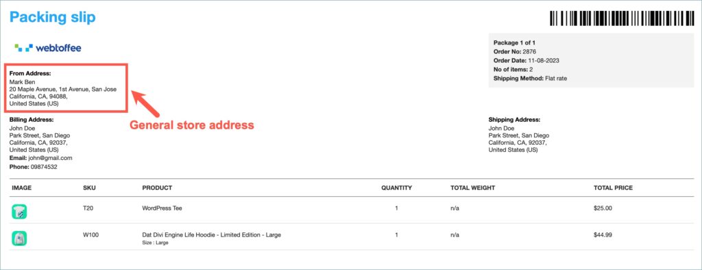 WooCommerce Packing slip with general store address as the From address