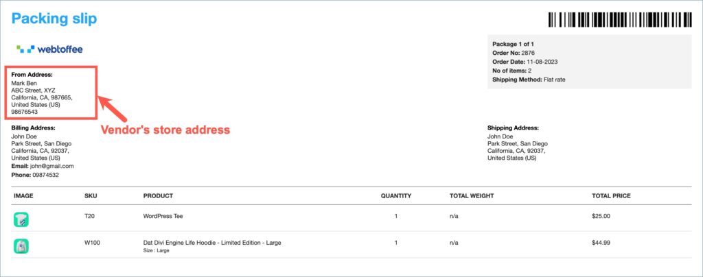 WooCommerce Packing slip with the vendor's store address as the From address