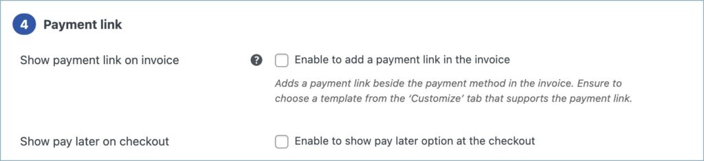 Invoice Settings - Payment link section