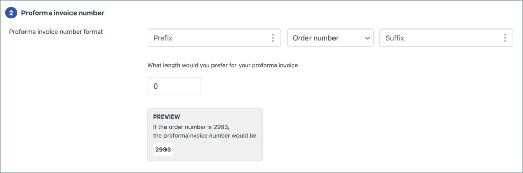 General Settings - Proforma invoice number section