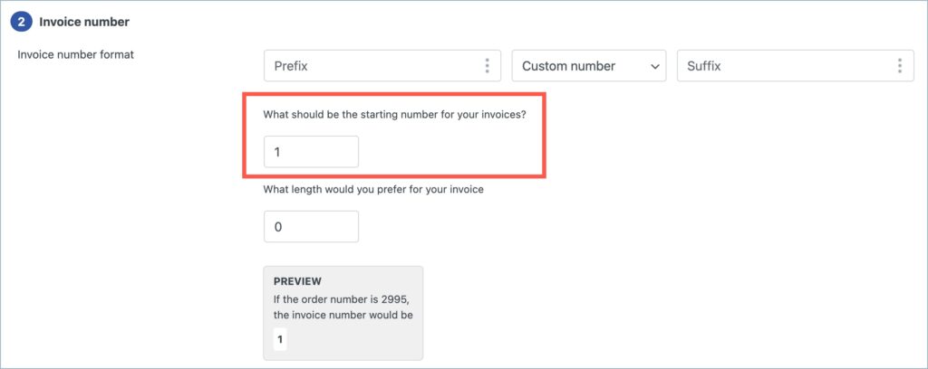Specifying the starting number for invoices
