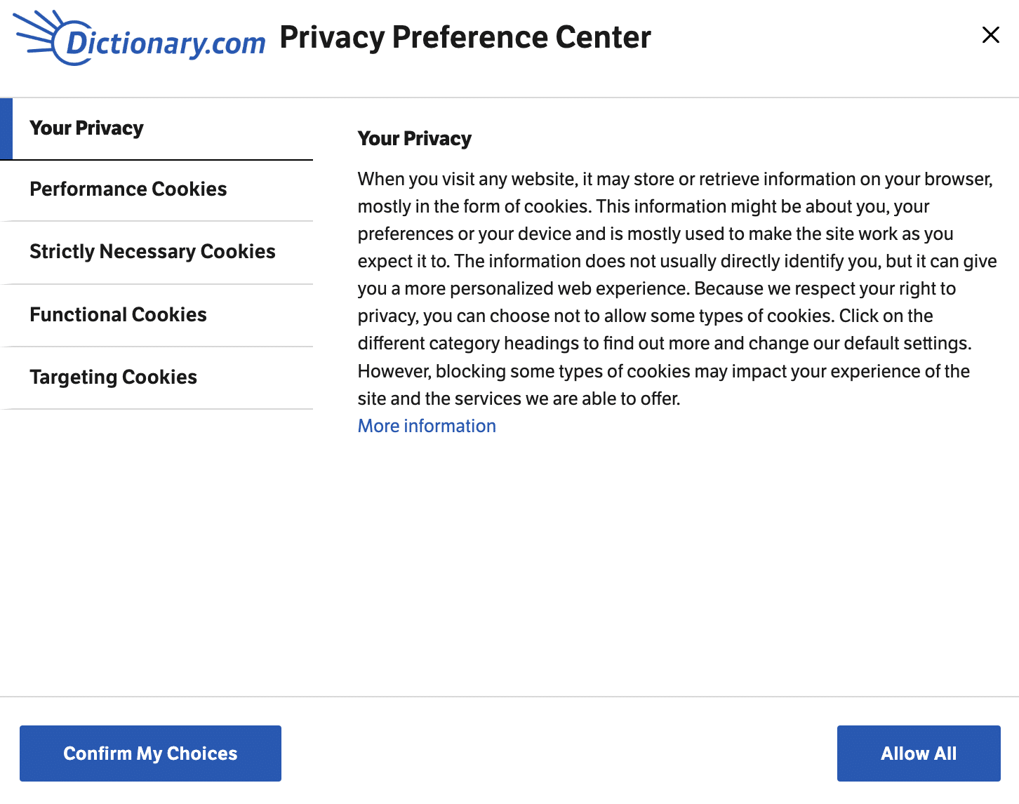 Cookie Consent Banner on Dictionary.com
