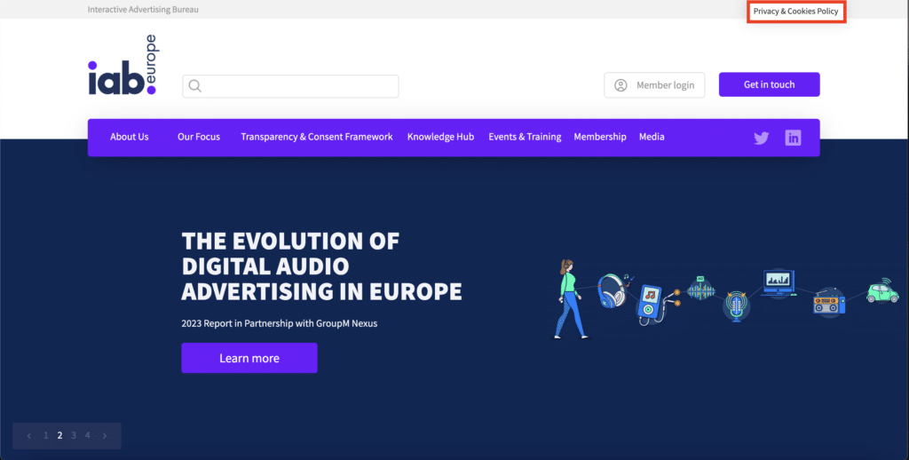Privacy Policy link on IAB Europe website