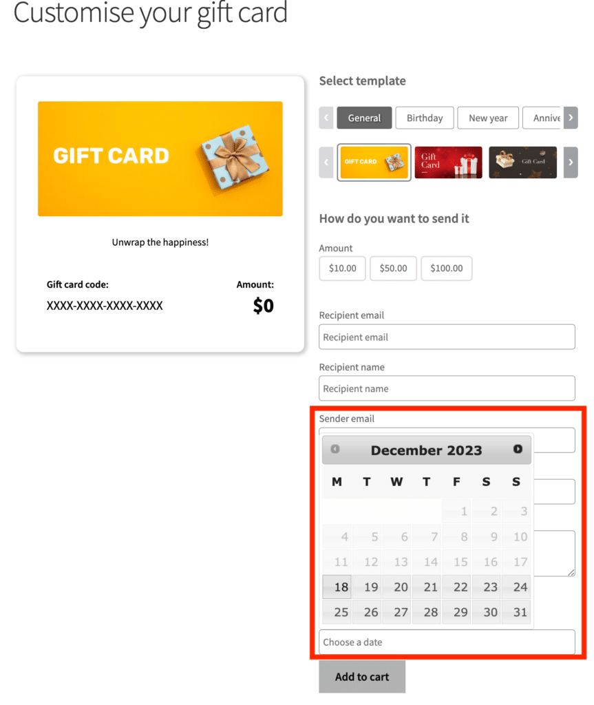 Scheduling option in gift card product page