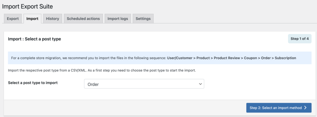 Select orders as the post type to import
