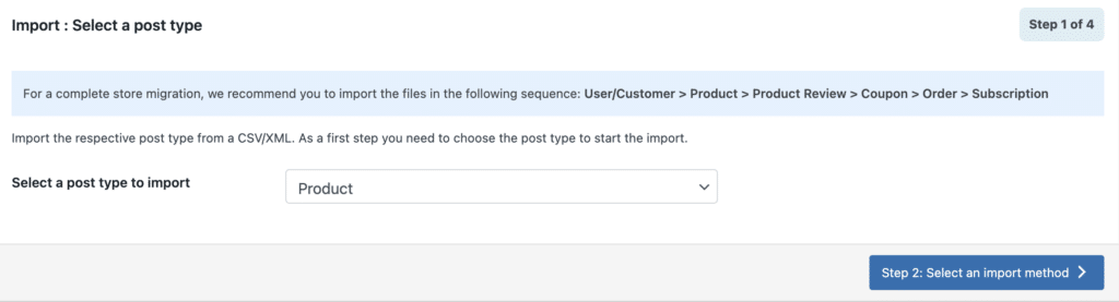 Select product as the post type to import