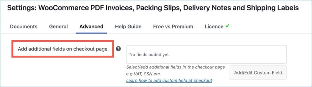 Navigating to Add additional fields on the checkout page