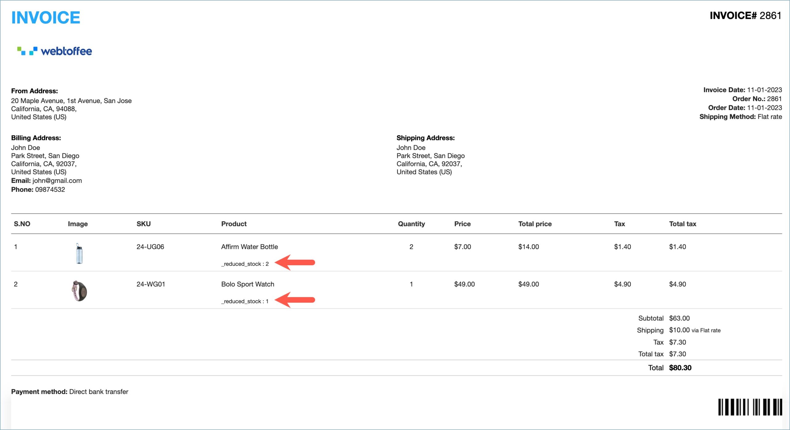 WooCommerce Invoice document displaying hidden product metadata
