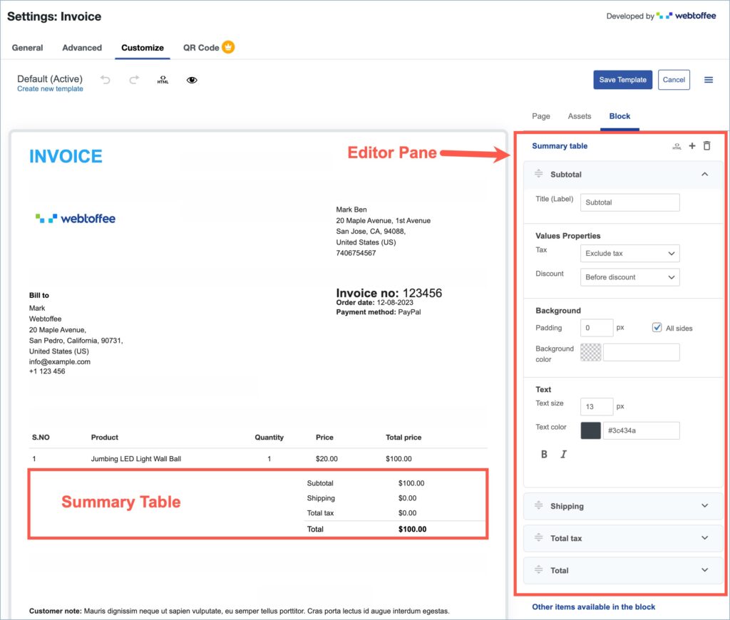 Summary table and editor pane inside the invoice template