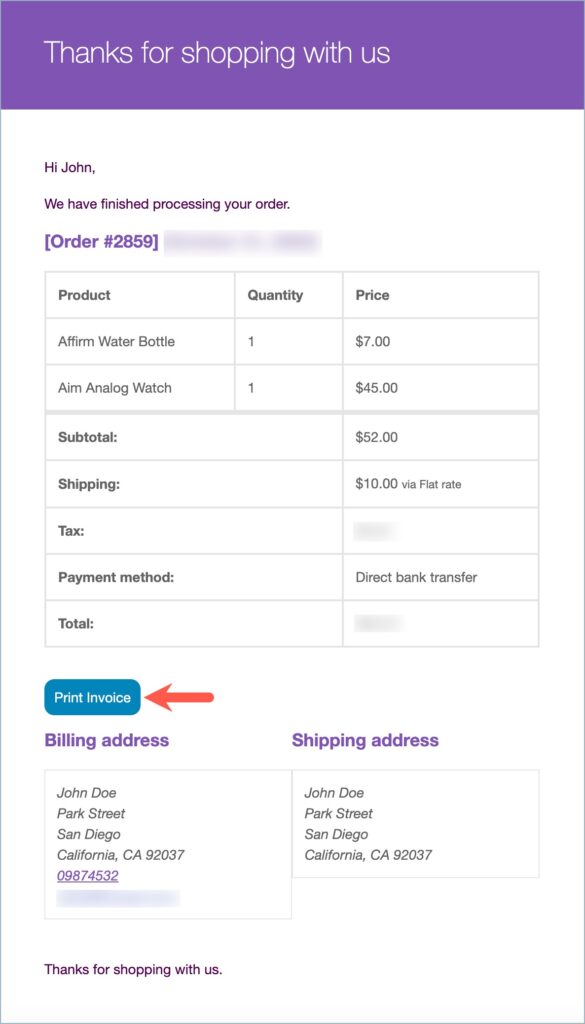 Print invoice option on order email