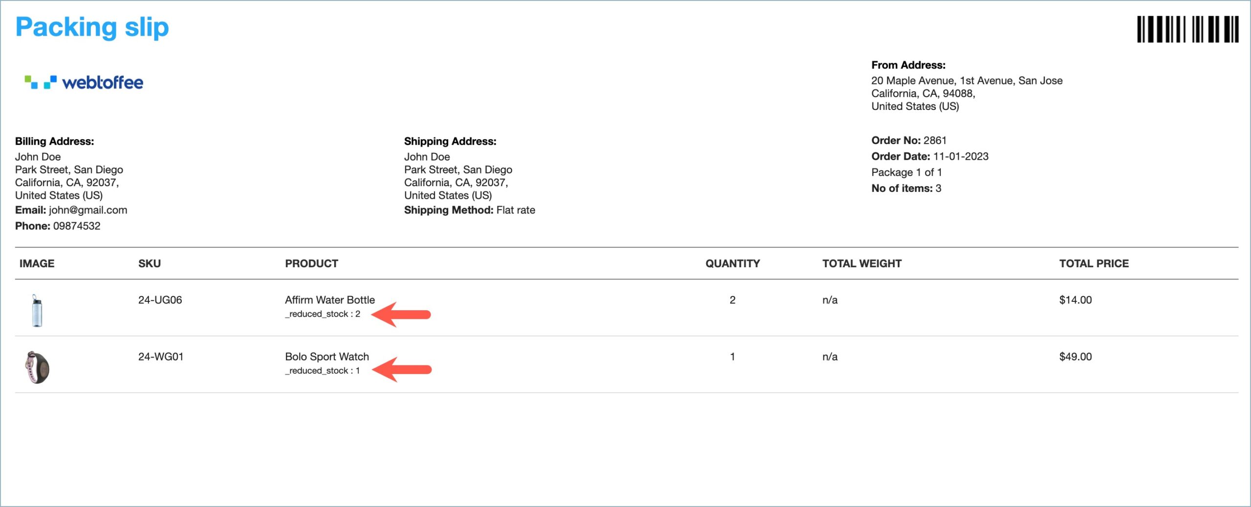 WooCommerce Packing slip document displaying hidden product metadata