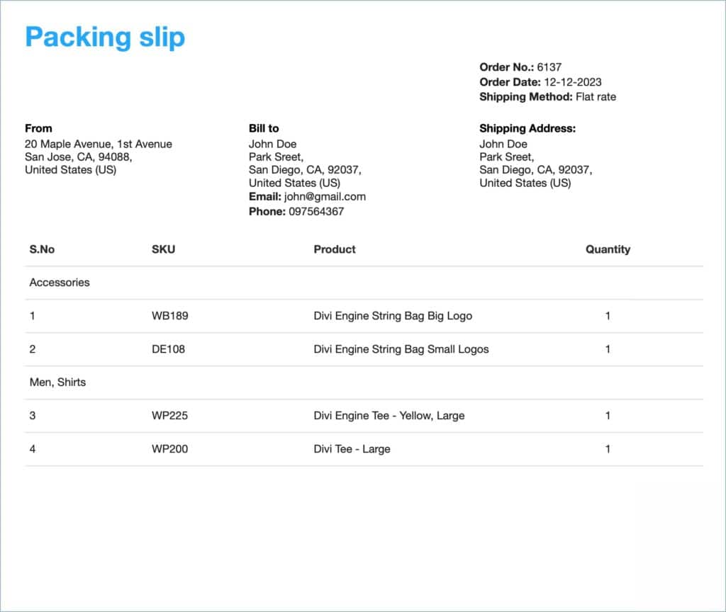 WooCommerce Packing slip with sorted items
