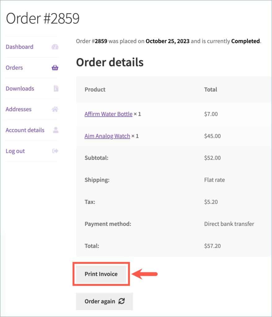 Print Invoice option in Order details page
