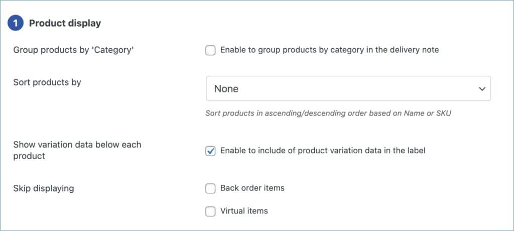 Delivery note - Product display section