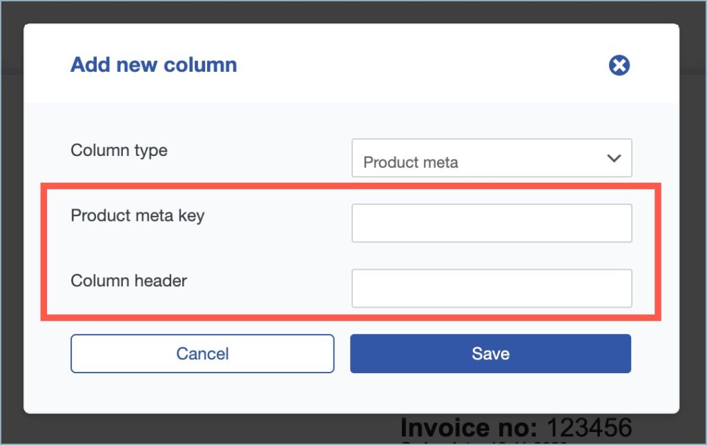 Fields to enter product meta key and column header