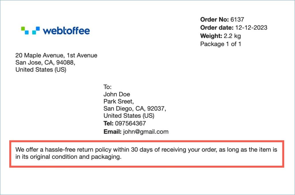 Shipping label with return policy