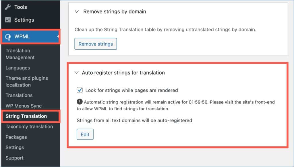 Navigating to the option in the WPML string translation page