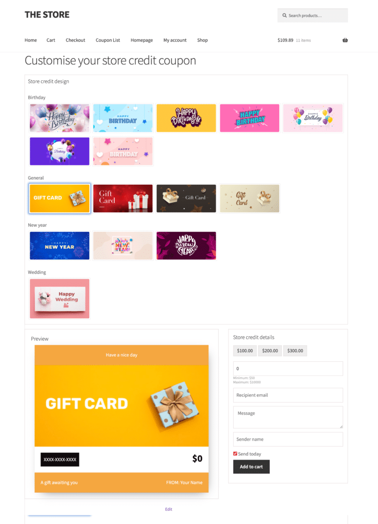 Gift card product on shop