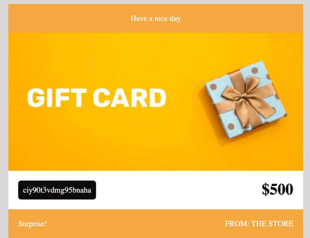 Gift card received in the email