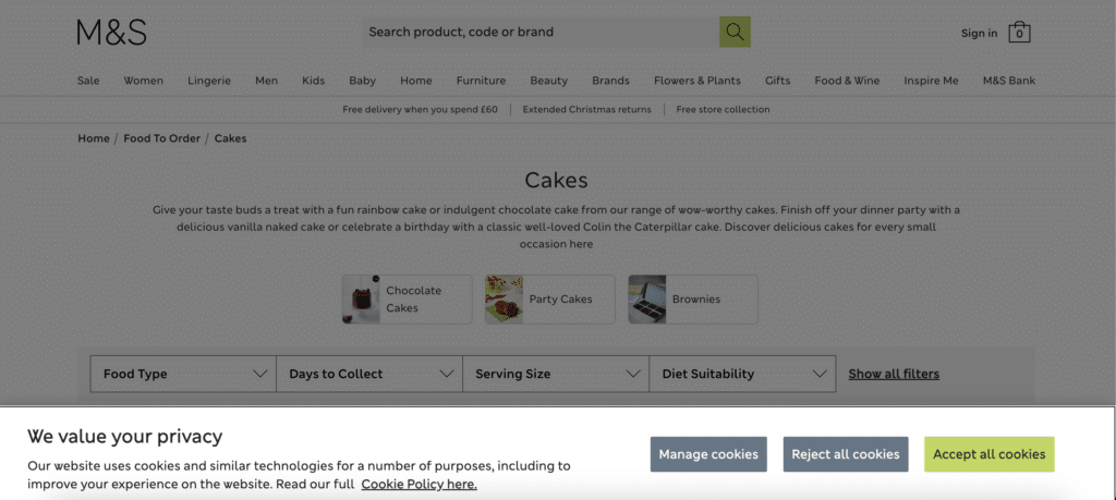 Cookie Consent Banner on Marks and Spencer website