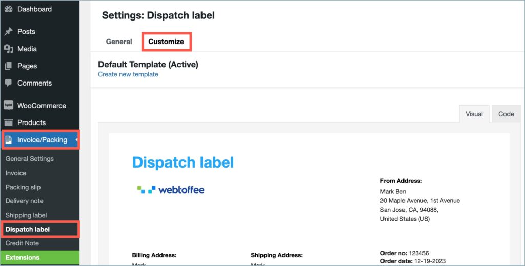 Navigating to the Customize tab of dispatch label