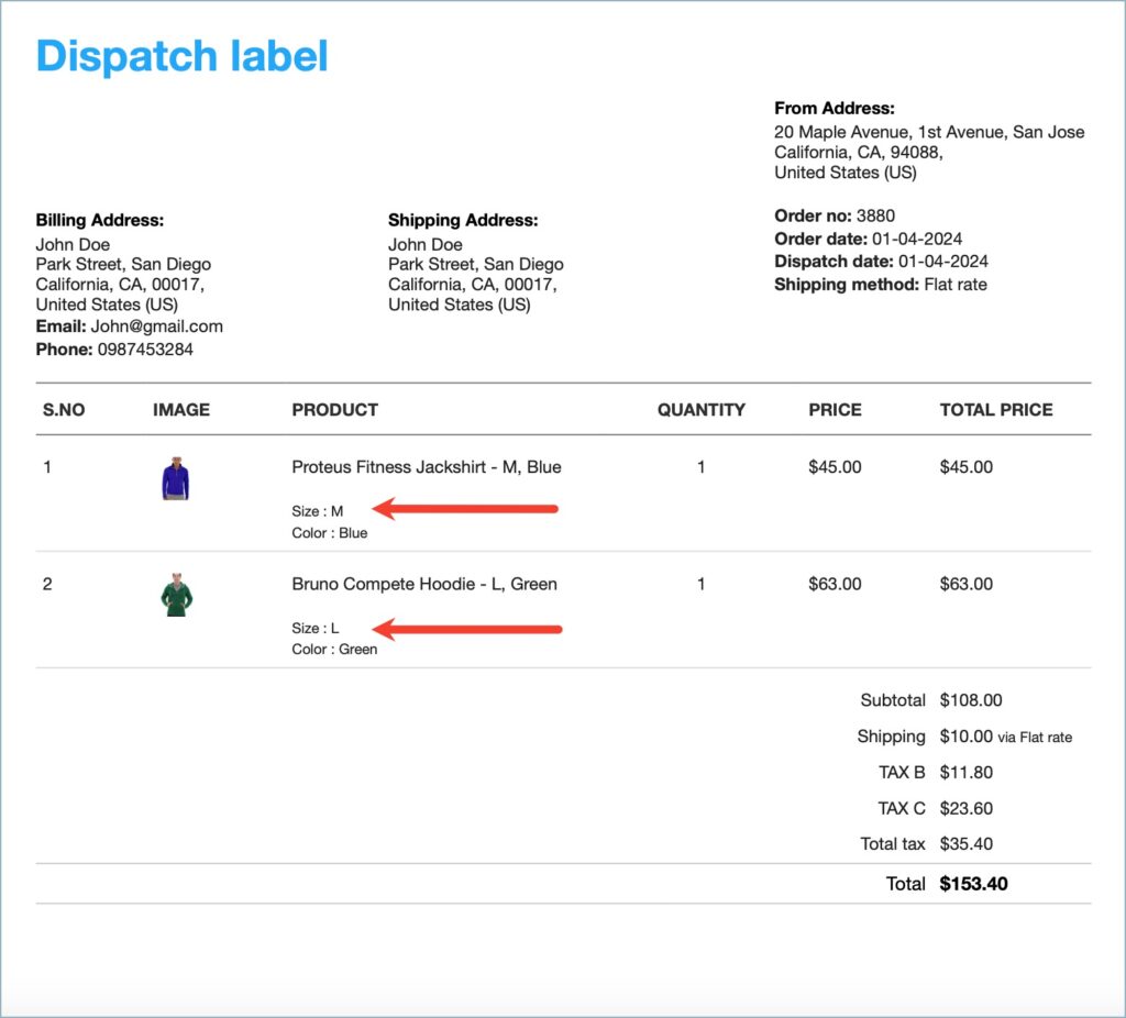 Dispatch label with product meta