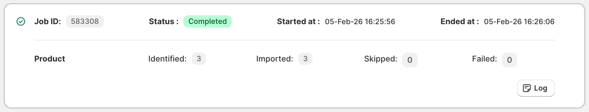 Log report showing the import status