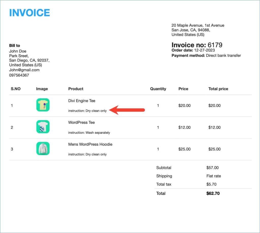 Invoice document with product attribute below the product name