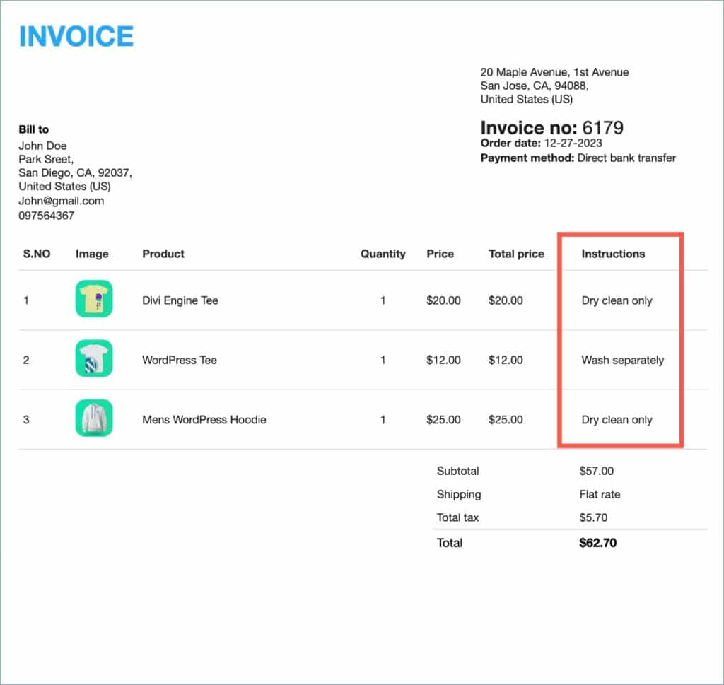 Invoice document with product attribute in a new column