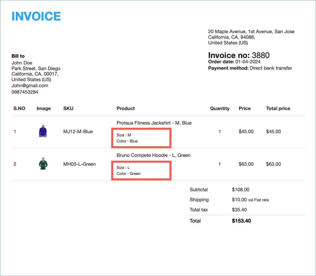 WooCommerce Invoice with product meta