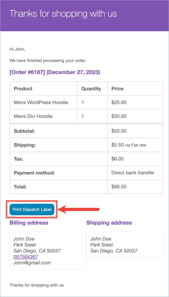 WooCommerce Order email with Print dispatch label button