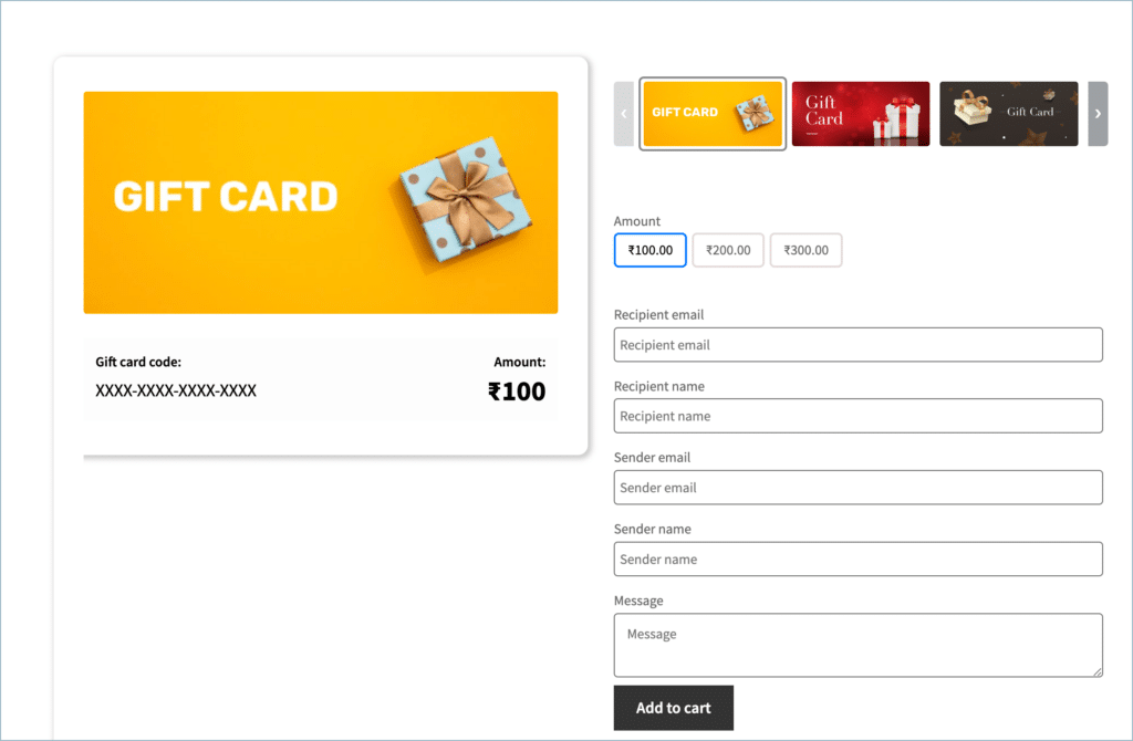 Gift card product at front end