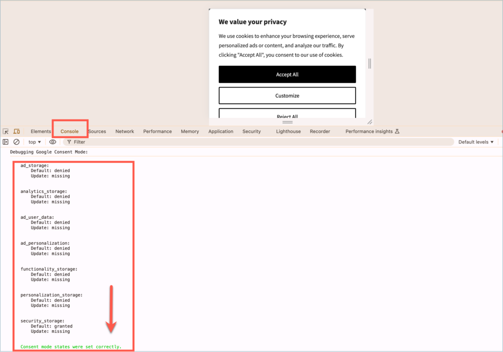 Debug mode - Google Consent Mode (GCM)