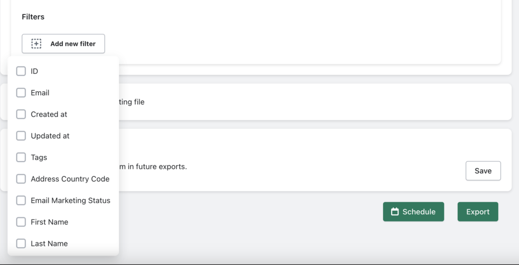 Add filters for exporting customers in Shopify