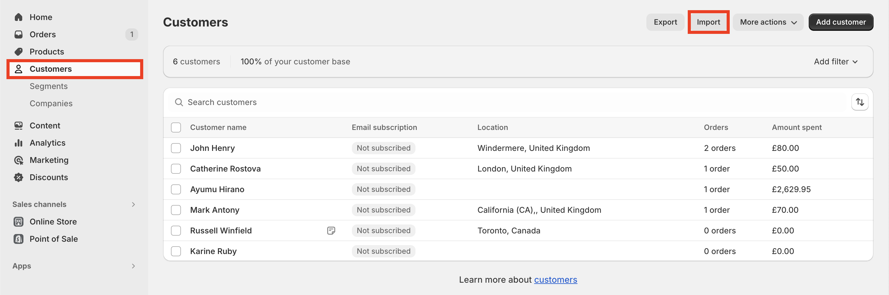 Default Import tool in Shopify
