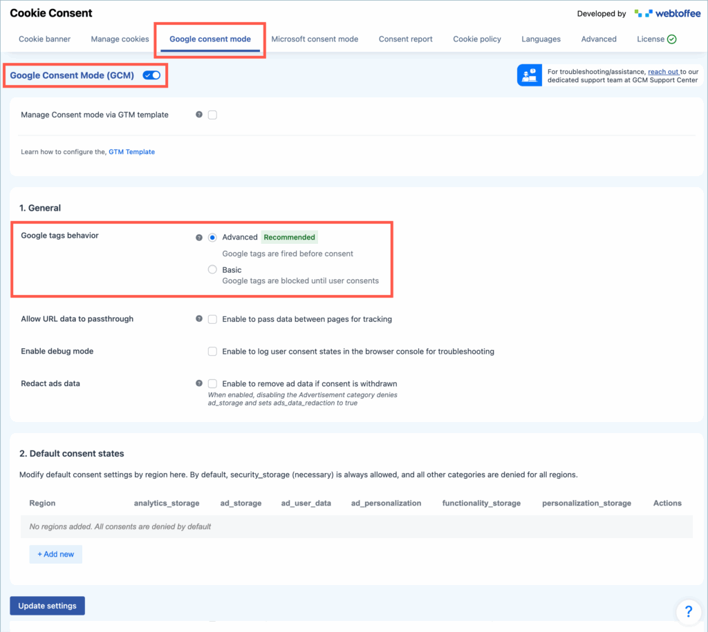 Enable Google Consent Mode - GDPR Cookie Consent Plugin