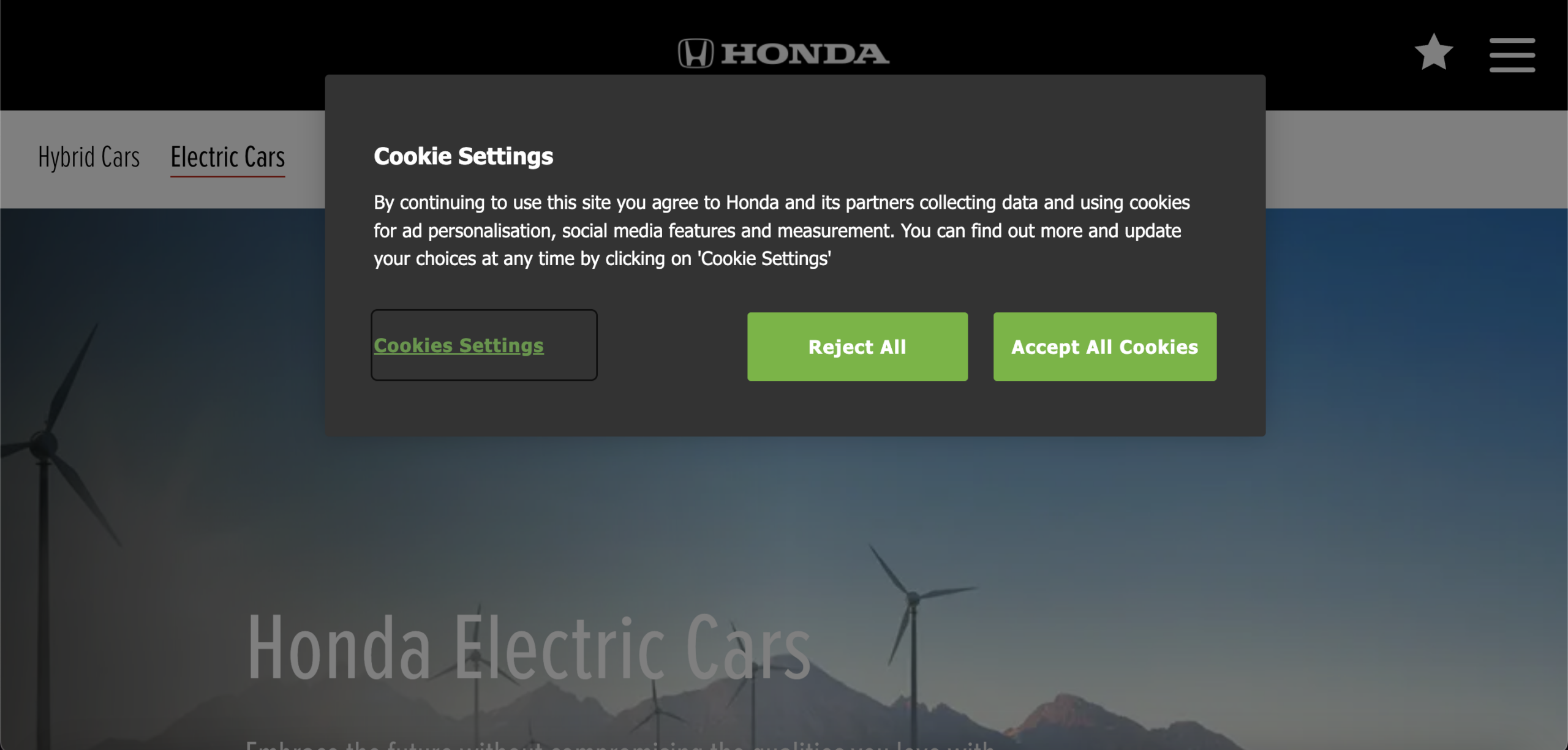 Honda cars cookie banner