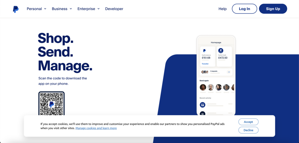 PayPal cookie banner