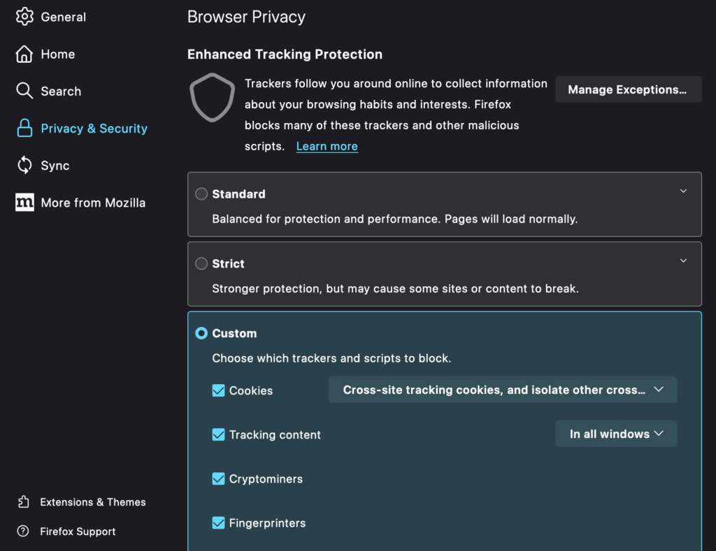 Privacy and Security settings Mozilla Firefox