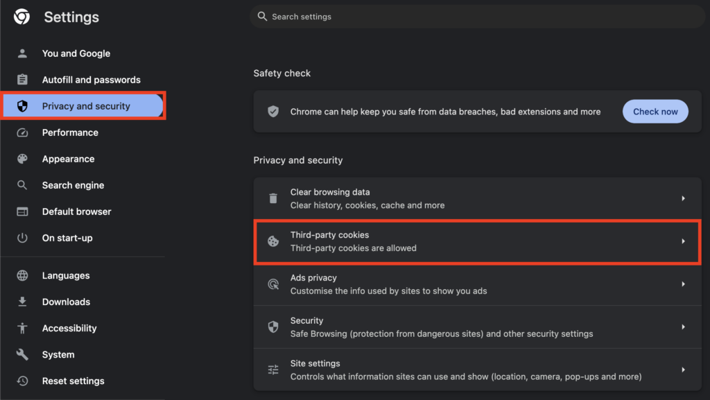 Privacy settings in Google Chrome
