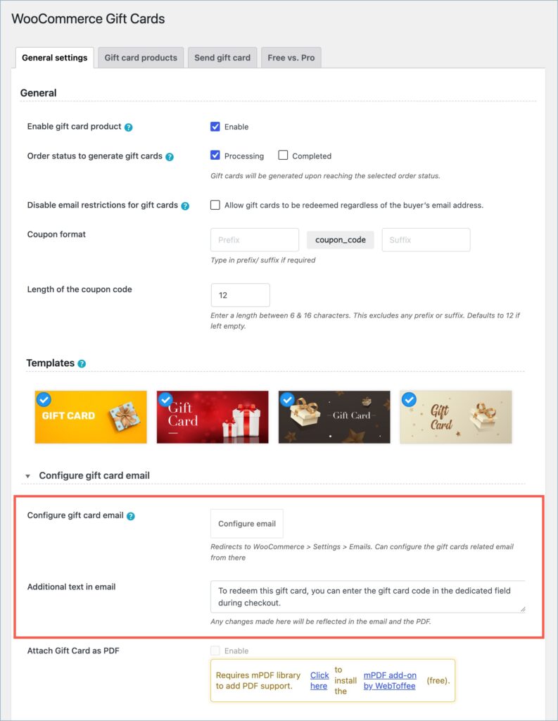 Gift card email configurations