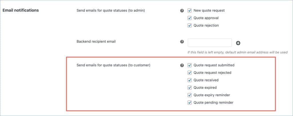 Navigating to the Send emails for quote statuses (to customer) option