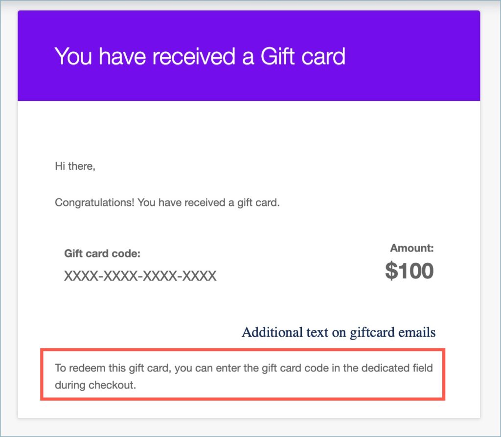 Additional text on gift card emails